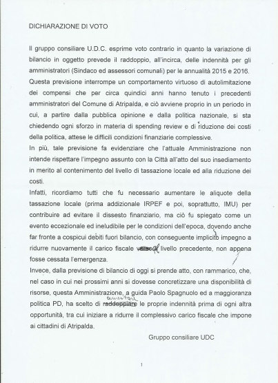 Indennità, dichiarazione di voto udc