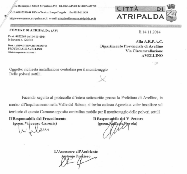 comunicazione del 14.11.2014 a firma del geom. Nevola, delgeom. Caronia e dell'assessore all'ambiente Antonio Prezioso